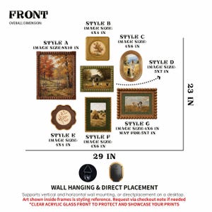 May include: A collection of seven decorative frames labeled Style A through G, featuring various shapes and sizes including rectangular, oval, and scalloped. The frames are displayed with landscape art prints and include hardware for wall mounting.