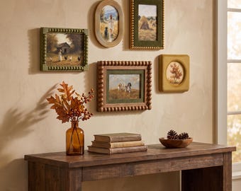 Set met kralen fotolijsten voor wanddecoratie, rustieke fotolijsten met landschapsmotief, warme herfstdecoratie voor de woonkamer, uniek cadeau voor een housewarming