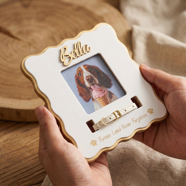 Custom Pet Memorial Photo Frame - Cream Gold Dog Collar Frame | 4x4/4x6 ...