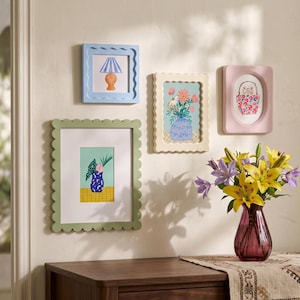 Assorted Pastel Picture Frame Set, Whimsical Scalloped Photo Frames, Cottagecore Gallery Wall Art Frames for Home Decor, Gift for Her
