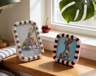 Colorful Striped Ceramic Picture Frame, Funky Checkered Dog Art Frame, Retro Dopamine Wall Gallery Decor, Quirky Pet Lover Gift Idea