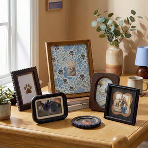 Könnte beinhalten: Eine Sammlung verschiedener Bilderrahmen in unterschiedlichen Formen und Größen, aus Holz und Schwarz. Einige Rahmen enthalten Fotos von Haustieren, andere Pfotenabdrücke oder dekorative Muster. Präsentiert auf einer Holzoberfläche.