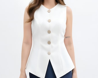 Women’s Sleeveless Blazer Vest, Slim Fit Tailored Waistcoat, Peplum Vest, Business Casual Office Top, Lightweight Summer Workwear, White