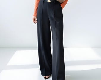 Pantalones rectos plisados de talle alto, pantalones de trabajo minimalistas y elegantes.