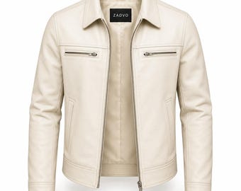 Men's Cream White Leather Jacket | Minimalist Cafe Racer Jacket | Genuine Leather Zip Up Jacket | Classic Slim Fit Biker Jacket | ZADVO