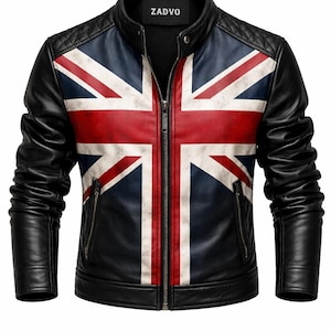 May include: Black leather jacket with a Union Jack design on the front. The jacket has a zip-up closure, a stand-up collar, and quilted shoulder detailing. The brand name "ZADVO" is visible on the collar.