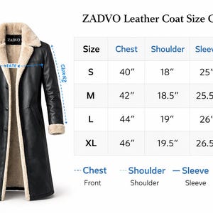 May include: A black leather coat with a cream-colored shearling collar and lining. The image includes a size chart with measurements in inches for chest, shoulder, sleeve, and length. The coat has a classic, long design.
