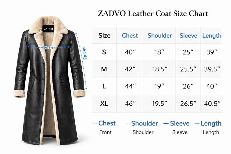 May include: A black leather coat with a cream-colored shearling collar and lining. The image includes a size chart with measurements in inches for chest, shoulder, sleeve, and length. The coat has a classic, long design.