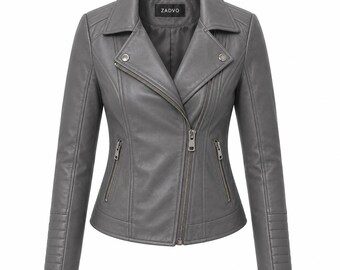 Giacca da motociclista da donna in pelle grigia / Giacca da moto in vera pelle di agnello / Giacca da moto slim fit con zip asimmetrica / Giacca in pelle fatta a mano, idea regalo