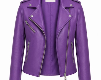 Giacca da motociclista asimmetrica in pelle viola / Giacca da motociclista da donna con cerniera