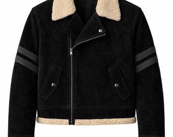 Women’s Black Suede Biker Jacket with Faux Fur Collar – Winter Fashion Jacket