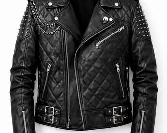 Men's Black Leather Biker Jacket | Quilted Studded Motorcycle Coat