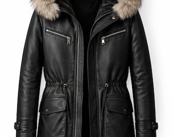 Parka in pelle nera da donna con cappuccio in pelliccia / Cappotto invernale in vera pelle di mucca