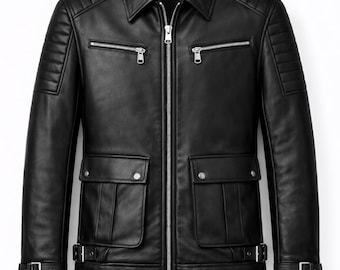 Giacca da motociclista in pelle di vacchetta nera da uomo - Stile motociclista slim fit