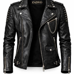 May include: Black leather motorcycle jacket with silver zippers, studs, and a chain detail. The jacket features a classic asymmetrical design with a notched collar and the brand name "ZADVO" on the collar.