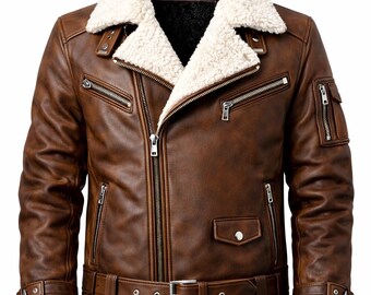 Giacca in pelle marrone foderata in pelliccia da uomo – Cappotto invernale in stile motociclista e aviatore