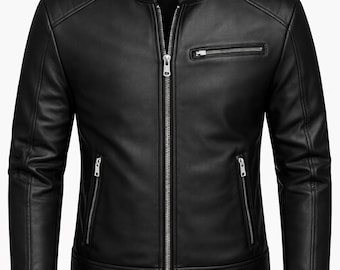 Giacca da motociclista in pelle nera da uomo / Vestibilità slim, vera pelle