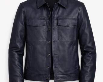 Giacca in pelle blu navy da uomo – Giacca biker con bottoni sul davanti, capospalla invernale