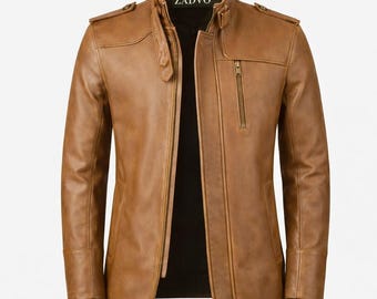 Handmade Brown Genuine Leather Biker Jacket | Men's Slim Fit Winter Coat