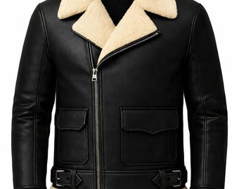 Men's Black Faux Leather Aviator Jacket – Faux Fur Collar Winter Coat