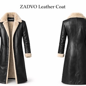 May include: Black leather coat with a beige shearling lining and trim. The coat has a long length, button closure, and a wide collar. The text "ZADVO Leather Coat" is at the top of the image.