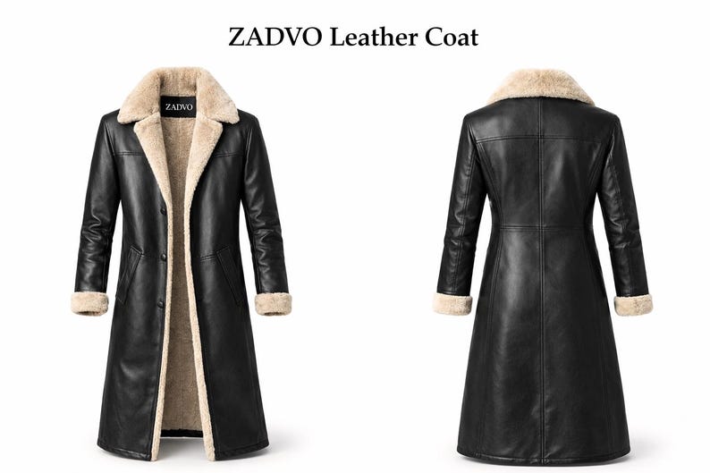 May include: Black leather coat with a beige shearling lining and trim. The coat has a long length, button closure, and a wide collar. The text "ZADVO Leather Coat" is at the top of the image.