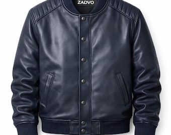 メンズネイビーブルーレザーボンバージャケット – ミニマルで メンズネイビーブルーレザーボンバージャケット – ミニマルで