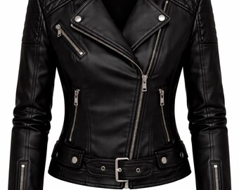 Giacca da motociclista nera slim fit - Giacca da motociclista in pelle da donna con cintura