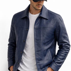 Men's Blue Leather Jacket – Classic Button-Front Style image 2