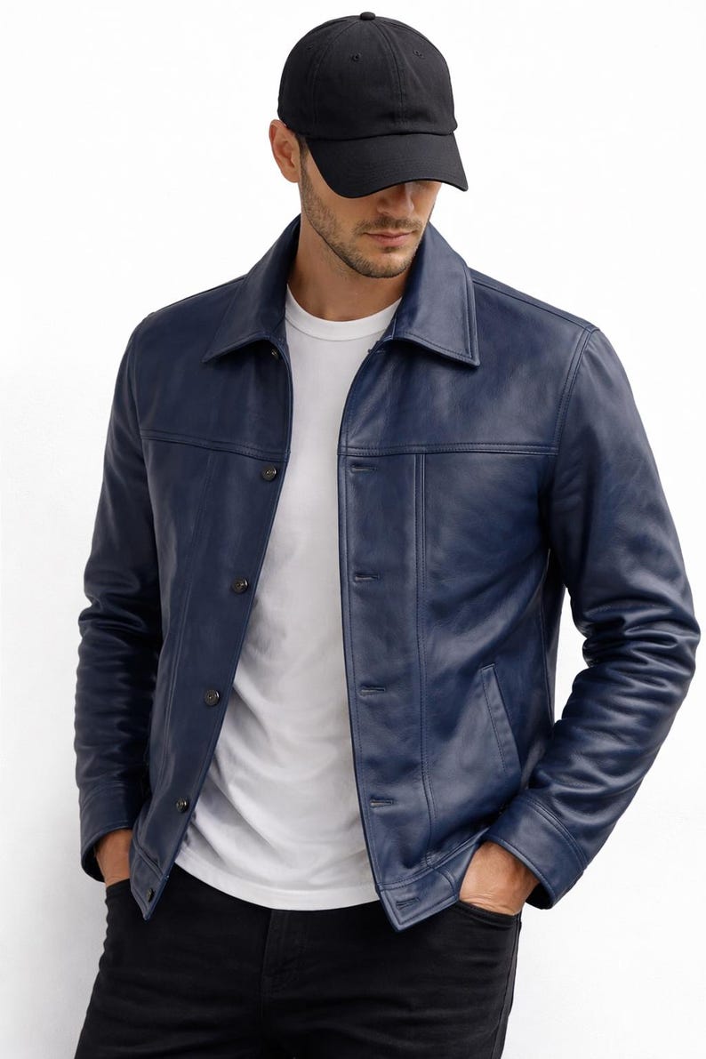 Men's Blue Leather Jacket – Classic Button-Front Style image 2