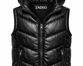 Gilet imbottito con cappuccio in pelle nera da uomo / Giacca senza maniche in vera pelle / Capispalla invernale alla moda