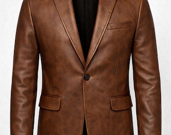 Chaqueta blazer de cuero marrón para hombre, abrigo formal de cuero de corte clásico, elegante look vintage.