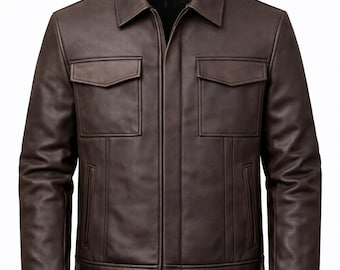 Giacca da motociclista in vera pelle marrone da uomo / cappotto invernale