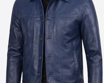 Giacca in pelle blu da uomo – Stile classico con bottoni sul davanti