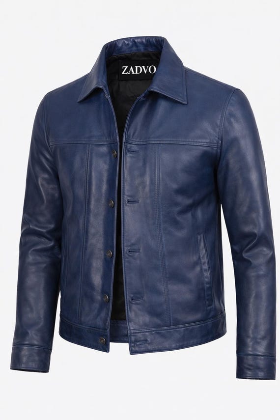 Men's Blue Leather Jacket – Classic Button-Front Style