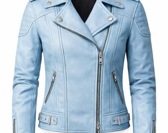 Chaqueta de motociclista de cuero azul claro para mujer: corte entallado, estilo motociclista, con cremallera.