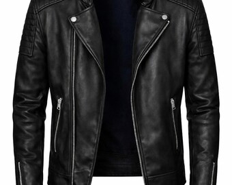 Handmade Black Leather Moto Jacket | Men's Biker Jacket, Stand Collar