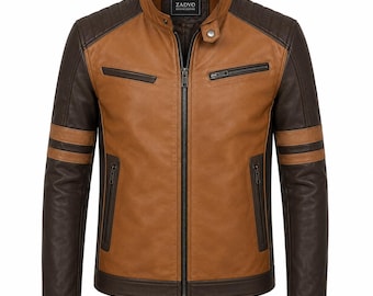 Giacca da uomo bicolore in pelle stile Cafe Racer / Cappotto in vera pelle stile motociclista marrone