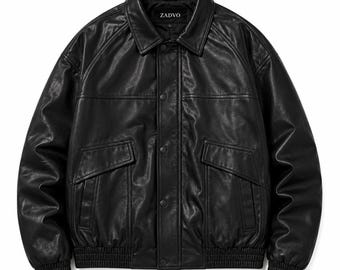 Giacca bomber da uomo in pelle nera oversize / Cappotto stile college vintage streetwear