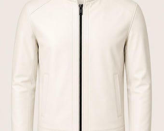 Giacca da motociclista da uomo in pelle color crema – Cappotto minimalista con collo alto e chiusura a zip
