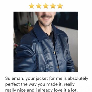 Men's Blue Leather Jacket – Classic Button-Front Style image 9