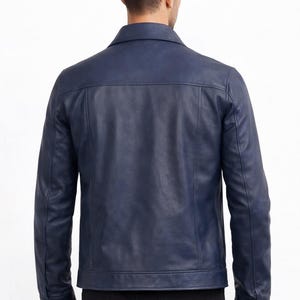 Men's Blue Leather Jacket – Classic Button-Front Style image 3