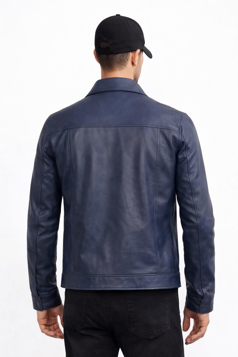 Men's Blue Leather Jacket – Classic Button-Front Style image 3
