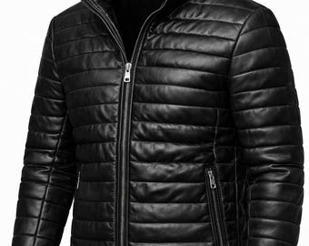 Giacca da uomo in pelle di vacchetta trapuntata nera / collo alto, stile invernale