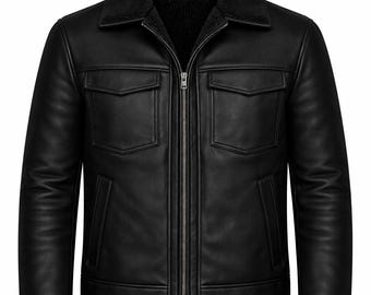 Giacca in pelle di vacchetta nera / Cappotto da motociclista con cerniera da uomo