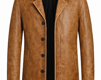 Men’s Vintage Brown Leather Coat | Classic Button Front Leather Jacket | Winter Outerwear