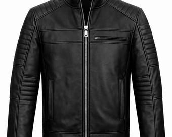 Giacca da motociclista in vera pelle nera da uomo - Vestibilità slim, abbigliamento invernale