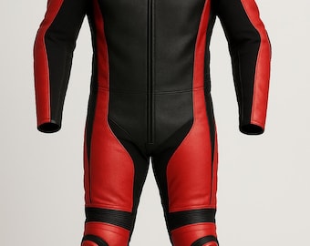 Custom Red & Black Leather Motorcycle Racing Suit - CE Protection