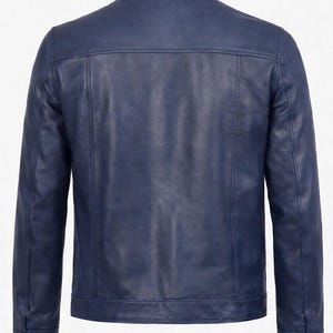 Men's Blue Leather Jacket – Classic Button-Front Style image 5