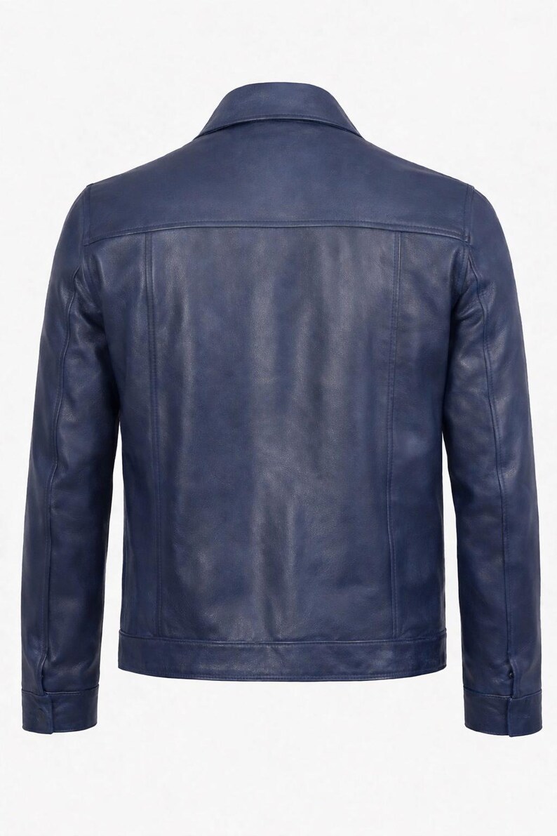 Men's Blue Leather Jacket – Classic Button-Front Style image 5